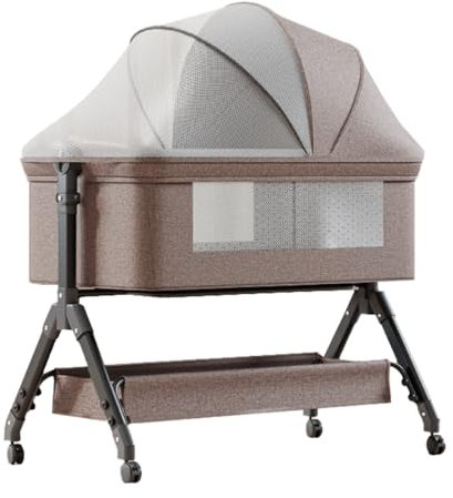 Doraystar Beistellbett Baby mit Rollen, Faltbar Co-Sleeping Babybett, Convertible Stubenwagen Baby Kleinkind Wiege mit Musik, Fernbedienung und 5-schwankende Zahnräder (X3 Khaki)