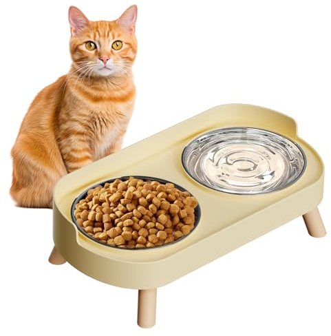 Elevated Cat Bowl, Raised Cat Food and Water Bowl Set for Indoor Cats, Splash Proof with 2 Stainless Steel Pet Food Bowls for Cats and Puppies, Whisker Fatigue and Dishwasher Safe - Yellow