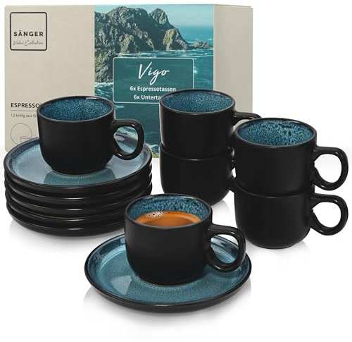 Sänger Vigo | Espressotassen Set Steingut 12 teilig, Mokka Tassen Set 6 Personen, Tassen & Untertassen - spülmaschinenfest mikrowellenfest - Tassenset blau mit schwarzen Rand 80 ml | VALUE COLLECTION