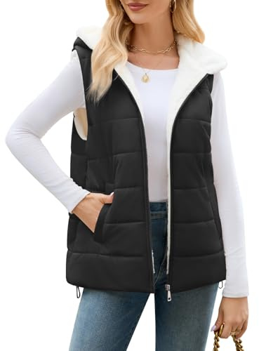 CMTOP Gilet Donna Invernale con Cappuccio Caldo Smanicato Giubbotto in Pile Elegante Leggero Giacca Casual Zip Trapuntato Cappotto Morbido Confortevole Parka da Esterno con Tasca(Nero, XL)