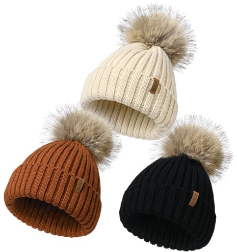 Kids Winter Hat Toddler Stretchy Knitted Beanie with Faux Fur Pom Poms Beanie for Baby Girls Boys 2-6 Years