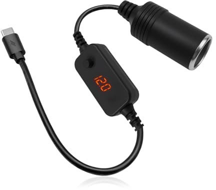 USB C Stecker auf 12V Auto Zigarettenanzünder Buchse Adapter Kabel mit Voltmeter Anzeige, Einstellbare Spannung 5V/9V/12V, Kurzschluss- und Überstromschutz, geeignet für GPS Dash Cam Autoladegerät