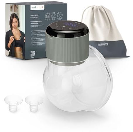 Nuvita 1260W Sacaleches eléctrico portátil de 3 fases: portátil con batería recargable USB-C, función antiestasis, ideal para pezones planos/invertidos, copa de silicona de 24 mm con reductores.
