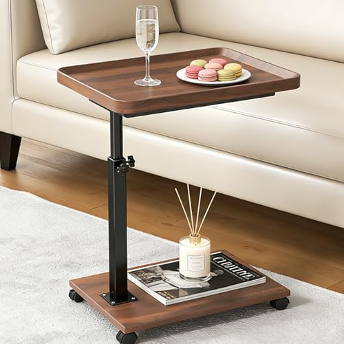 DAJAVE C Shaped Side Table with Wheels End Table, Adjustable Height Sofa Side Tables 360° Swivel Couch Tables For Living room, Bedroom, Balcony (Walnut Color)