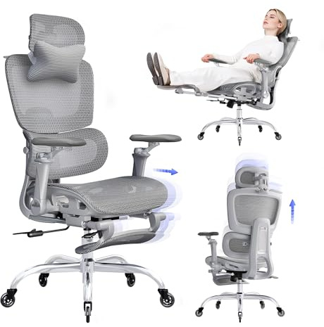 LarkLeaves Silla de oficina ergonómica con reposapiés y reposabrazos 6D, silla de escritorio de red con soporte lumbar 2D y reposacabezas 3D, función reclinable de 145° para oficina en casa, oficina y