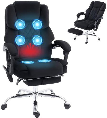 HOMCOM Office Chair 6-point Vibration Massage Heat High Back Black | Velvet-feel Fabric Desk Chair with Footrest, Linkage Armrests, Adjustable Height, Reclining, for Home Office