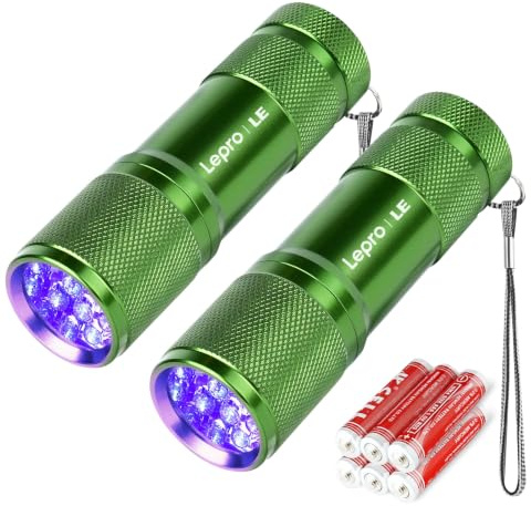 LE UV Taschenlampe(2er-Pack), UV Lampe inklusive 6 AAA Batterien, Grün | Schwarzlicht Taschenlampe mit 9 LEDs, mini UV Lampe Ultraviolettes Licht mit 395nm für Geocaching, Heimtierurindetektoren usw