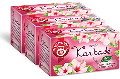 Pompadour, Infuso Karkadé, 60 Filtri (3 Confezioni da 20 Filtri), Tonico e Dissetante, 100% Naturale, Senza Lattosio, Glutine e Allergeni, Vegan, 3