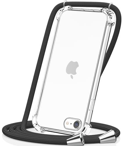 CAROKI Crossbody Case for iPhone SE 3 2022/SE2/7/8,Necklace Mobile Phone Cover with Cord Strap for iPhone SE3 Clear Transparent TPU Soft iPhone SE 2022 Cover -Black