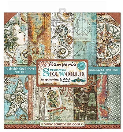 STAMPERIA SBBS13 Papierblock 10 Blätter 20.3 x 20.3 (8 x 8) doppelseitig Sea World, Mehrfarbig