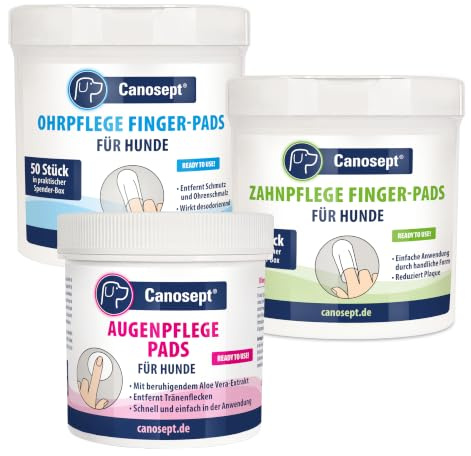 Canosept Pflege-Pads Set für Hunde: Augenpflege-Pads 100 Stück + Ohrpflege Finger-Pads 50 Stück + Zahnpflege Finger-Pads 50 Stück - Augenpflege Hund, Ohrreiniger Hund, Zahnpflege Hund