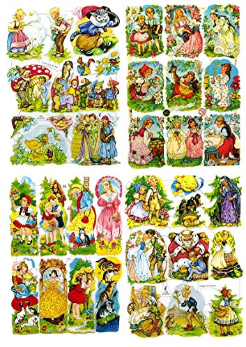 Glanzbilder Märchen Set aus 4 verschiedenen Oblaten Papierbögen zum Basteln und Verzieren