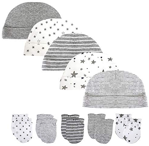 Chamie Baby-Mütze und Fäustlinge, Set für Neugeborene,für Babys, Jungen und Mädchen, 0–6 Monate, 100% Baumwolle (Grau)
