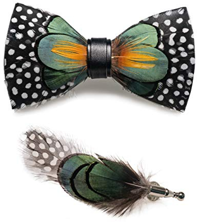 JEMYGINS Handgemacht Hochzeit Party Leder Feder Fliege Schwarze rote Flecken Fliegen mit Geschenkbox Set für Herren (34)