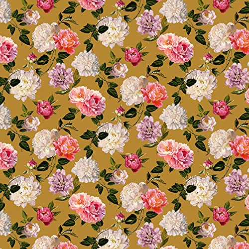 Stoff Meterware Blumen Blüten Flowers Viskose - Damen Blumen Frühling Sommer Bluse Rock Kleid Accessoires Deko (Pfingstrose Ocker)