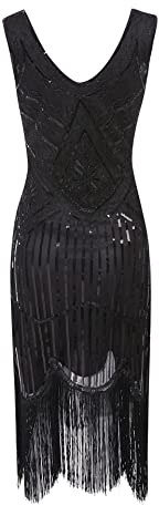 20er Jahre Charleston Pailletten Kleid Schwarz mit Fransen Flapper Damen-Kostüm, Größe:S