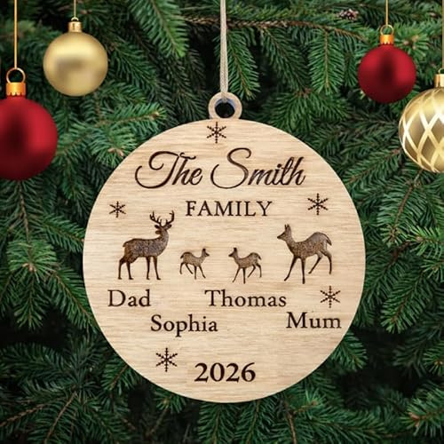 Pet-Jos Personalised Family Christmas Tree Decoration with Names, Wooden Tree Ornament, Family Member's Names Engraved Christmas Bauble Gift Card Insert for Family and Friends