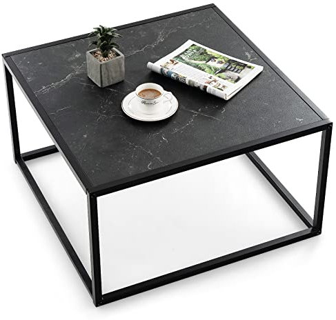 COSTWAY Table Basse Carrée, Meubles de Salon d'Appoint Faux Marbre, 70 x 70 x 40cm, Cadre Métal, Structure Simplifier, Facile à Installer (Noir)