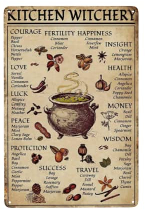 EMOHAT Kitchen Witchery Spice and Cooking Herbs Witchcraft Witch Fun World Education Science Classroom Infographic Funny Metal Tin Sign Halloween Decorative School Farm Wall Decor 20,3 x 30,5 cm