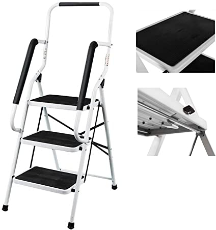 Escabeau Pliable Avec Main Courante - Échelle à 3 Marches en Acier, Tapis Antidérapants, Charge Maximale 150 kg - Usage Domestique