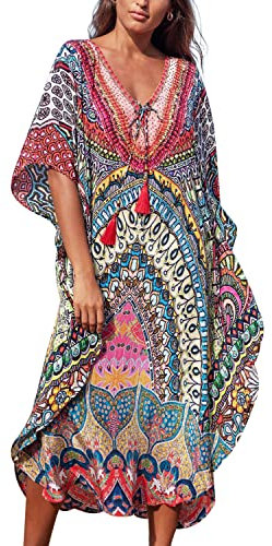 Freiesoldaten Women Beach Bikini Cover Up Summer Loose Short Sleeve Swimwear V Neck Beach Long Dress