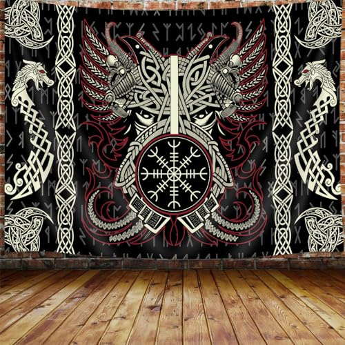Ptrxobj Nordischer Wikinger-Tapisserie, cooler Drachen-Phönix-Tapisserie, Wandbehang für Herren, Schlafzimmer, Retro, norwegische Mythologie, heidnische, keltische, schwarze Wandteppiche, Poster
