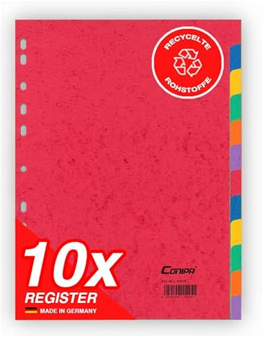 Conipa® - 10er Set 12 Farben Taben Register für Ordner DIN A4 (MADE IN GERMANY) - Ordner-Registerblätter & Trennblätter KARTON (Universallochung) - Trennregister & Trennstreifen Akten & Hefter (Rot)