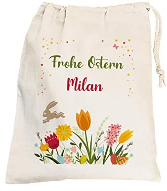 Herz & Heim® Geschenksäckchen zu Ostern mit niedlichen Osterhasen und mit Ihrem Wunschnamen ein tolles Ostergeschenk (Blumenwiese)