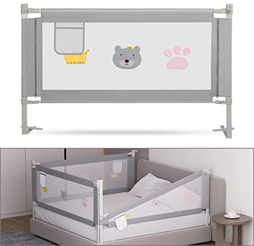 Tubiaz 150CM Barrera Seguridad Niños Cama, Altura Regulable 70-98cm, Barrera Cama niños con protección contra caídas, Barandilla Cama niño Plegable, Fácil de Montar, Acabado Gris Bordado