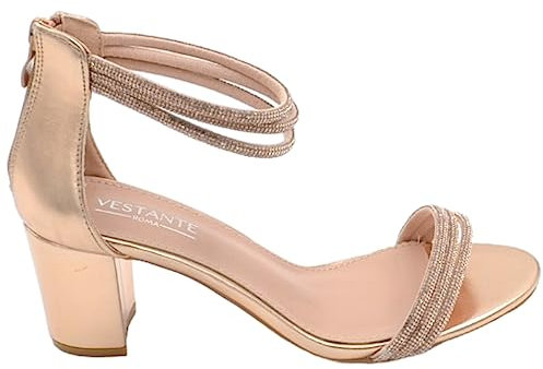 Scarpe Sandalo Donna Oro Rosa Pelle con Fasce Strass e Chiusura con Zip Retro Tacco Largo Comodo 5cm Effetto Nudo (40 EU)