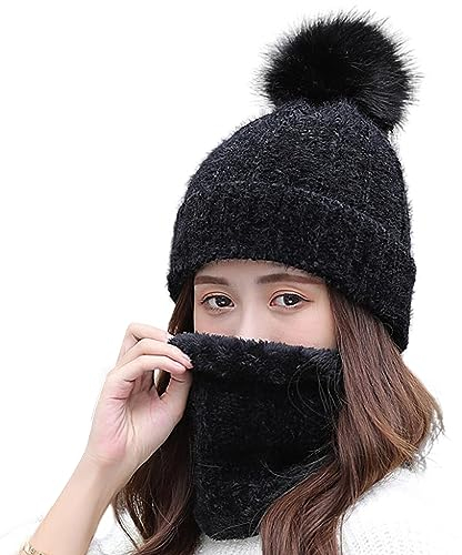 WANYIG 2 in 1 Winter Strickmütze Schal Mütze Set Wintermütze Beanie Damen Warme Loop Strickschal Winddichte Cap mit Fleecefutter 55-60CM(16 Schwarz)