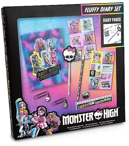 abeec Monster High Kids Journal with Fluffy Notebook, Skull Pen, Diary Stickers, Paper Clips, Ruler, Pencil Sharpener, Pencil - Children's Stationery Set - Girls Birthday Presents - Secret Diary Set