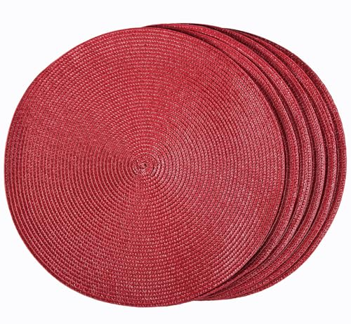 HODJOY Round Placemats Set of 6, Round Woven Table Mats for Dining Table, Washable Non-Slip Placemats for Christmas, 15inches (Dark Red)