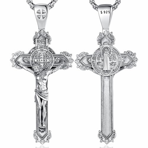 CELESTIA Kruzifix Kette Heiliger Benedikt Kette mit Kreuz Anhänger Silber Kreuzkette Jesus Kreuz Kette Damen Männer Silber 925 Benedikt von Nursia Halskette Doppelseitig Schmuck Geschenke