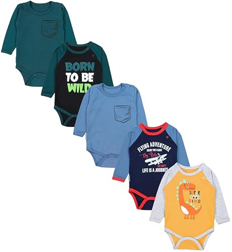 TupTam Baby Body Langarm – Weicher Body Baby 5er Pack aus Baumwolle, Unifarben, OEKO-TEX Zertifiziert, Farbe: Flugzeug Dunkelblau WILD Schwarz Dino Senfgelb Jeansblau Petrolgrün, Größe: 80