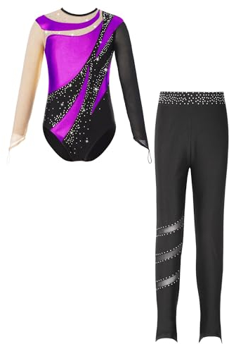 Jowowha Mädchen Turnanzug Langarm Gymnastikanzug Glitzer Eiskunstlauf Body mit Hose Trikotanzug Gymnastik Eislaufen Wettkampf Tanzkostüm Lila 134-140