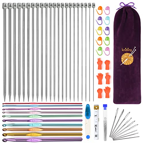 Aeelike Knitting Needles and Crochet Hook Set, Crochet and Knitting Kits for Beginners Adults Kids, 60 PCS Crochet Knitting Starter Kit with 25cm Knitting Needles, Crochet Needles Set and Accessories