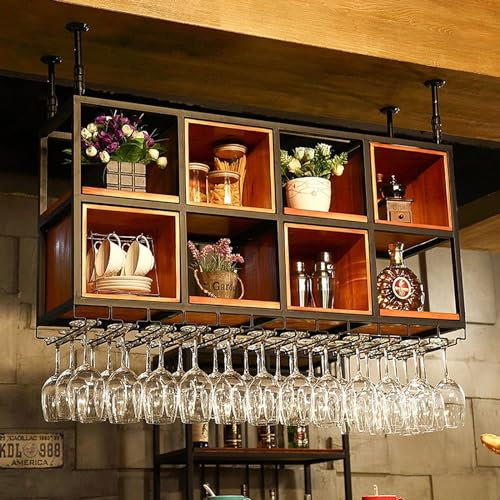 PAUANI Deckenregal - Decke Pflanzenständer - Hängend Vitrine, Eisenkunst + Massivholz, Lagerregale Im Retro-Stil, Schwarzer Pflanzenständer, Für Bar/Café-Küche/Restaurant (Size : 120 * 30 * 65cm)