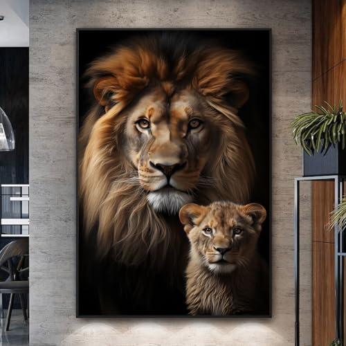 Löwe, Wandkunst, Löwe, Vater und Sohn, Bild, Tierfamilie, Poster, Wildtierbilder, Löwe und Familie, Portrait, Wandkunst, abstraktes Löwengemälde, Dschungeltier, Wandkunst für Wohnzimmer, 40,6 x 61 cm,