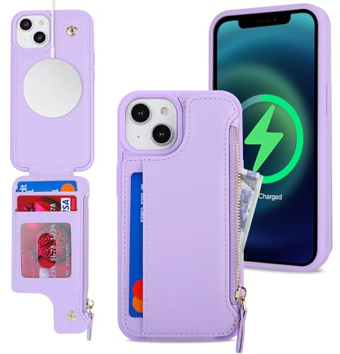 SailorTech iPhone 14 Plus Case with Credit Card Holder magsafe, iPhone 14 Plus Phone Leather Case Wallet for Women Compatible mag safe Card Slots Zipper Shockproof Case for Men - Purple