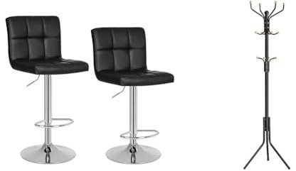 SONGMICS Chaises de Bar, Lot de 2, Tabourets Hauts, Hauteur Réglable, Revêtement en PU & Portemanteau, Portant à vêtement d’entrée, en métal, sur Pieds, 44 x 182 cm
