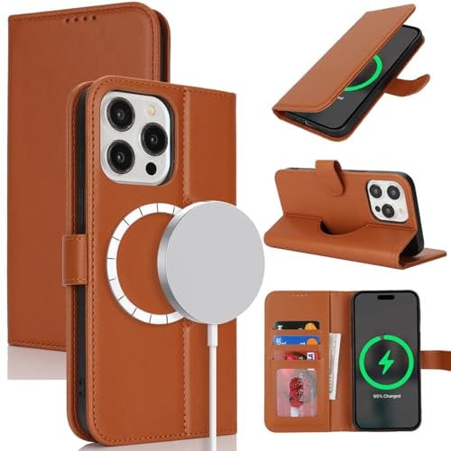 Zouzt Case for iPhone 13 Pro Max / 12 Pro Max (6.7), [Compatible with MagSafe] Magnetic PU Leather Wallet Case with Card Holders and Kickstand, Wireless Charging Flip Folio Phone Cover - Light Brown