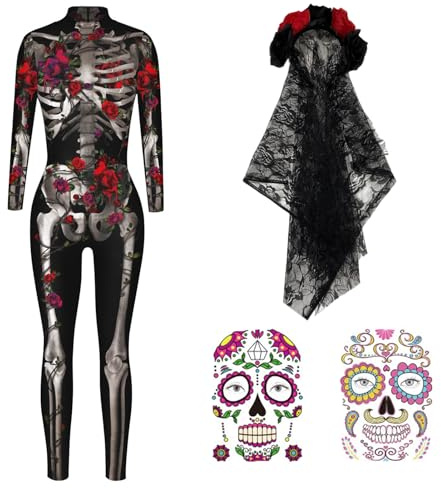 Antsparty Déguisement Squelette Femme Halloween, Combinaison d'Halloween pour femme, Combinaison Squelette Adulte Crâne 3D Jeu de Rôle Costume moulant pour Adulte