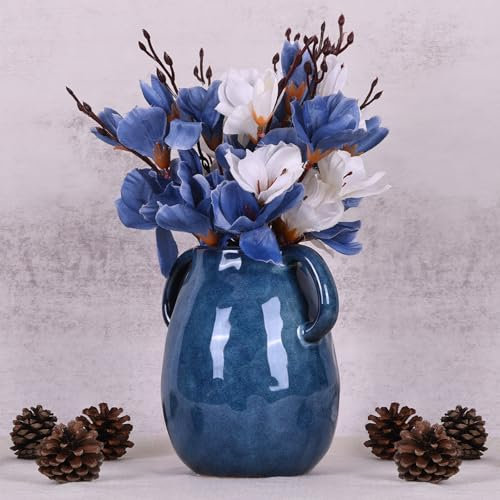 Blaue Keramikvase mit 2 Griffen, moderne rustikale Bauernhaus-Keramikvase, dekorative Terrakotta-Blumenvase für blaue Dekoration, Wohnzimmer, Tischdekoration, Eingangsbereich, Küche, Esszimmer