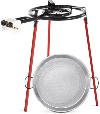 TIENDA EURASIA – Set Paellero de Gas | 3 Patas Reforzadas de 85 cm de alto + Paellera Pulida Color Plata + Quemador Redondo | Apto para Exterior | Color Negro y Rojo | Soporta hasta 60 Kg (46 cm)