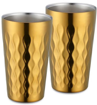 DOCBLACK Stainless Steel Drinking Cup Pack of 2, 12.3 oz/350 ml Stackable Double Walled Tumbler, Gold Shatterproof Metal Wine Glasses for Outdoor Travel, Reusable Heat Resistant Dishwasher Safe
