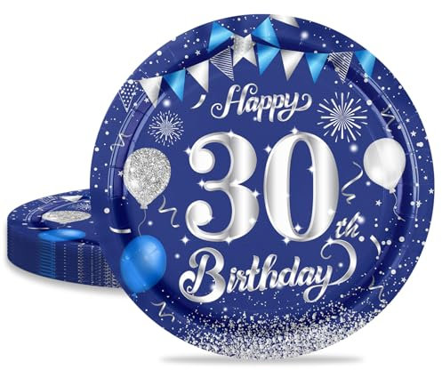MORAINJAY 16pc Navy Blue Silver 9in Paper Plates for 30th Birthday Party, Small Plates for Men, Women, Him, Her