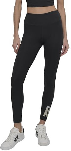 DKNY,Women's HIGH Waist Full Length Stacked Logo Tight, BK/SLV Stripe, S