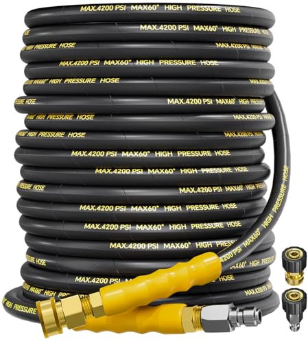 TechSweepPro 4200PSI Pressure Washer Hose 100FT with 3/8 Swivel Quick Connect for Cold/Hot Water, Kink Resistant Steel Wire Braided, Wear Resistant Power Washer Hose with 2 M22 14mm Adapter Set