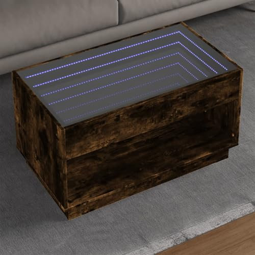 Myheimly Couchtisch, Beistelltisch mit Infinity-LED, Sofatisch Kaffeetisch für Wohnzimmer, Teetisch Wohnzimmertisch, Holzwerkstoff Glas Couchtisch Räuchereiche,90 x 50 x 50 cm